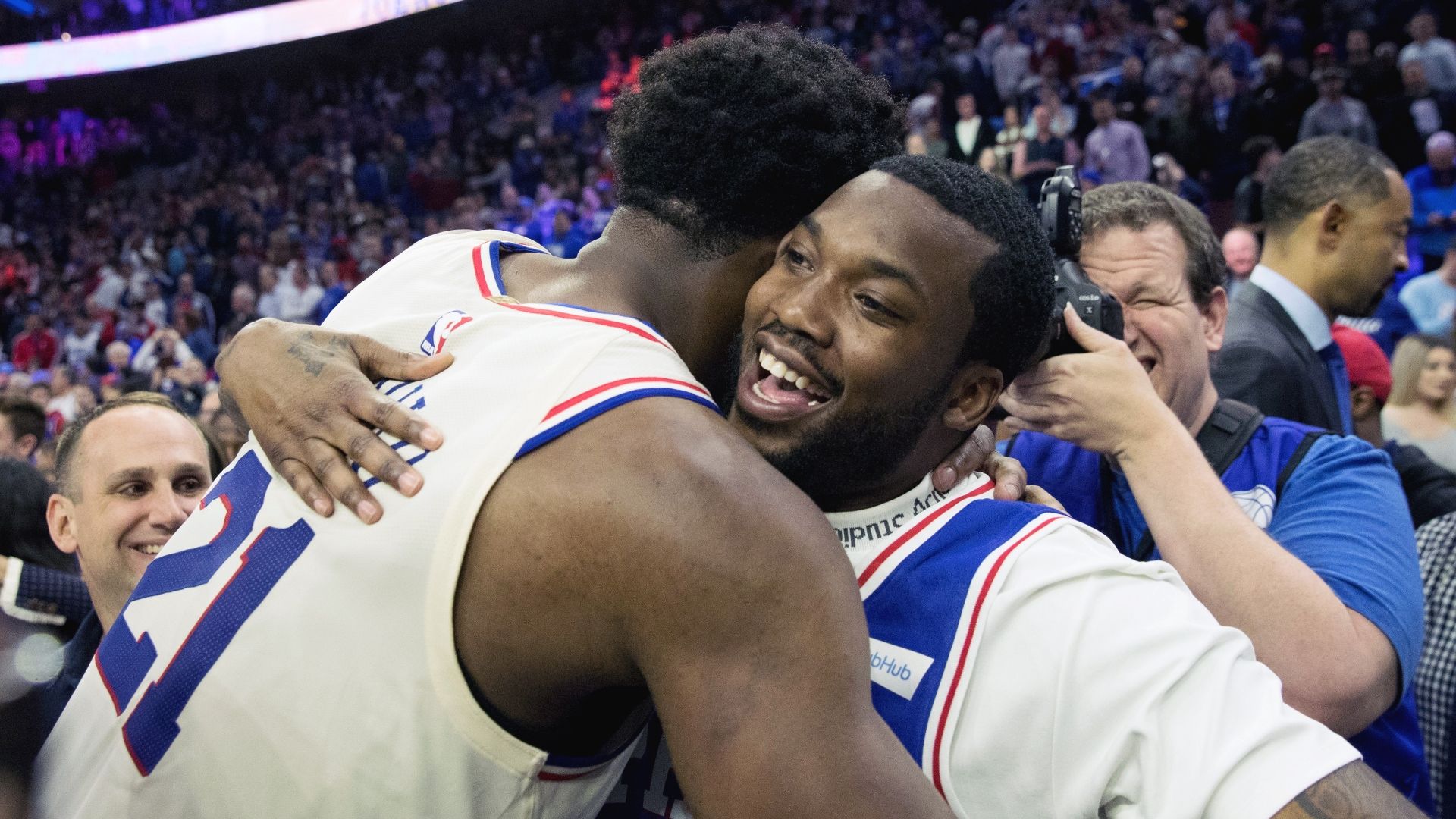 Meek Mill enjoys his freedom at 76ers' game