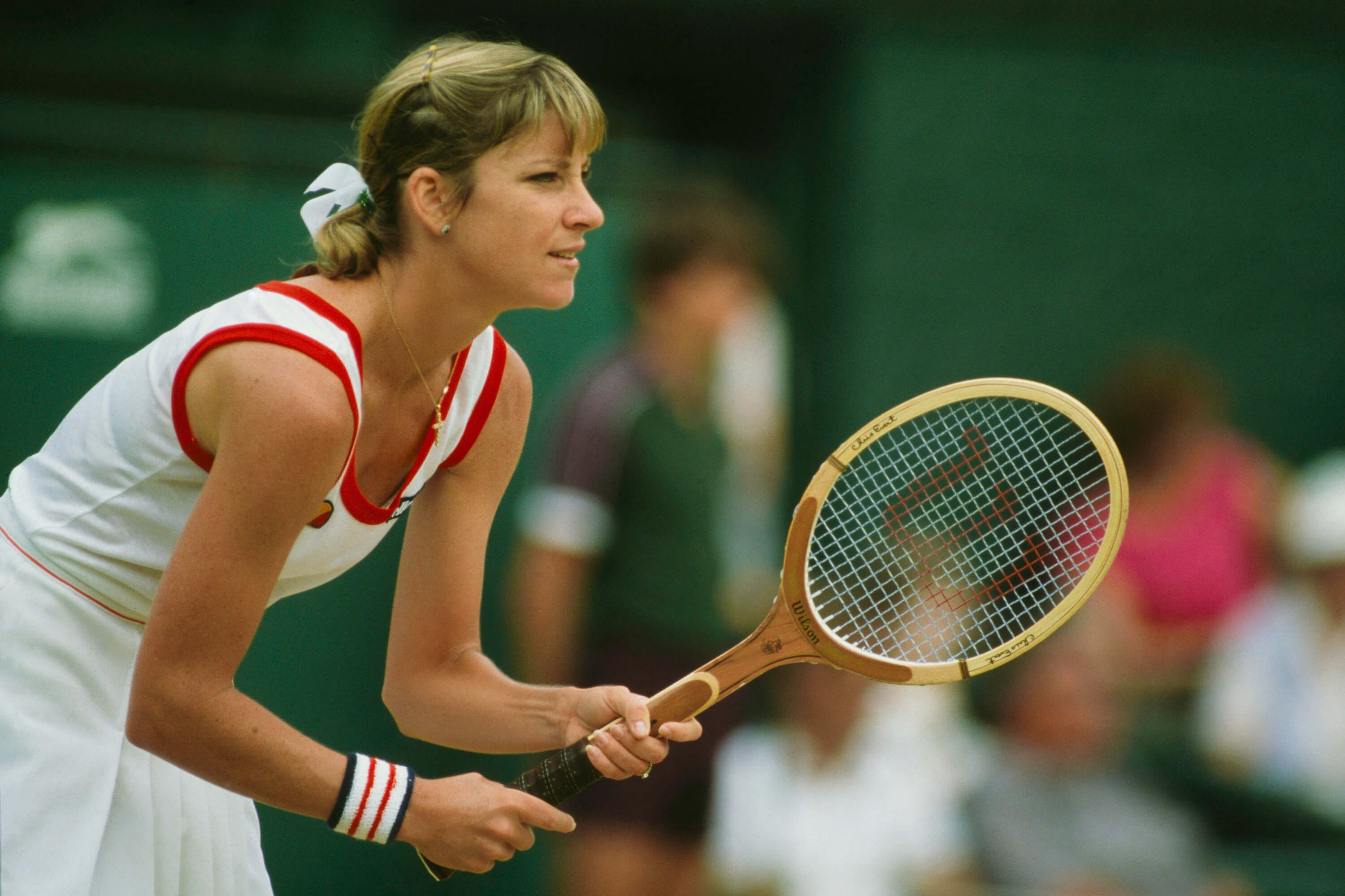 American tennis player Chris Evert competing at The Championships, Wimbledo...